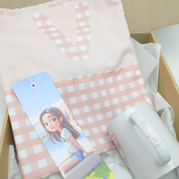 Pack bolsa, taza y marcapáginas - vichy rosa