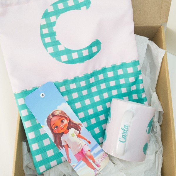 Pack bolsa, taza y marcapáginas - vichy verde menta